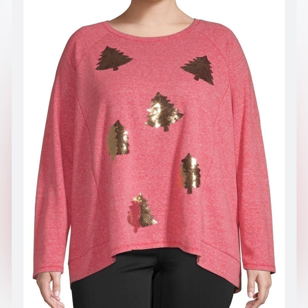 Holiday Time Women 4X Salmon Pink Gold Sequin Trees long Sleeve Tee Sweatshirt